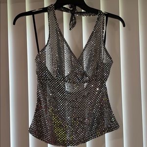 Sheer sequin halter crop top open back